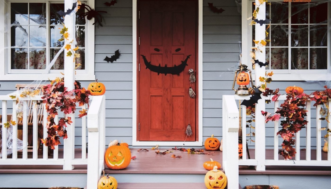 Un porche de maison décoré pour Halloween avec des citrouilles sculptées, des chauves-souris, des toiles d'araignées et une guirlande de feuilles d'automne.