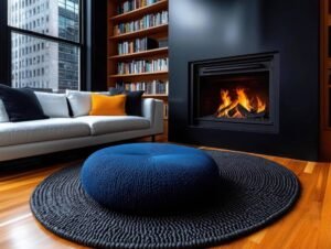 Salon moderne et élégant avec un foyer à gaz ou à granulés encastré pour une chaleur agréable, nécessitant potentiellement une bougie résistance d'allumage pour poêle à granulé pour l'allumage.