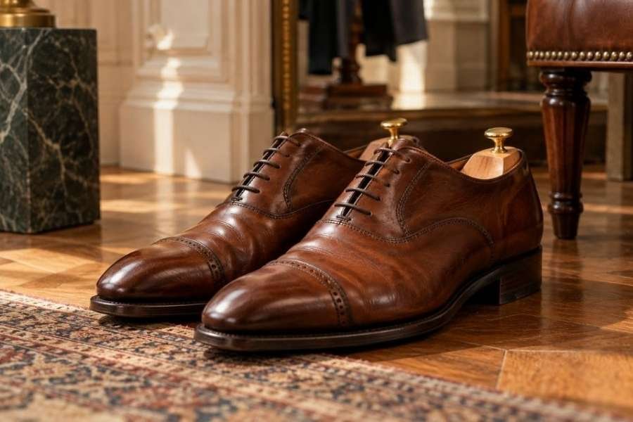 Paire de chaussures de ville marron posées sur un parquet avec des embauchoirs.