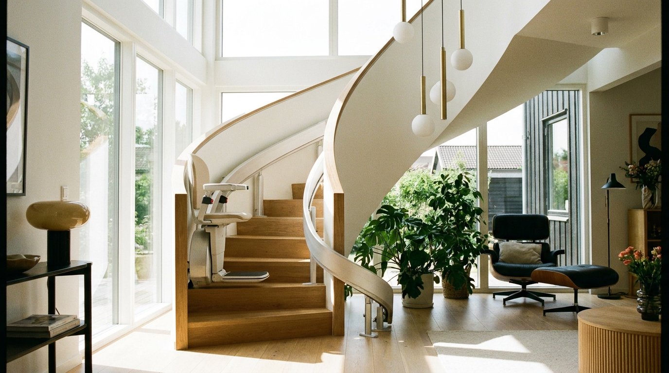 Monte-escalier moderne sur un escalier tournant, maison lumineuse