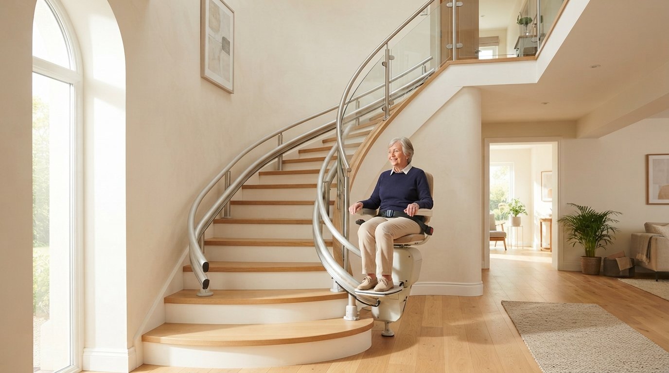 Monte-escalier moderne sur un escalier tournant, maison lumineuse